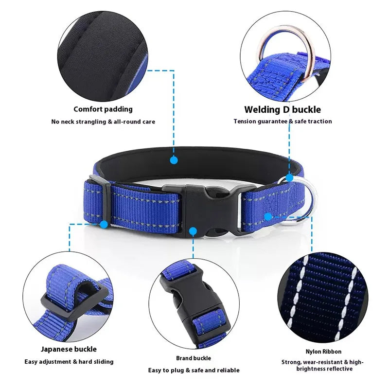 Reflective Neoprene Padded Dog Collar for Medium to Large Breeds - Adjustable and Durable Nylon Design