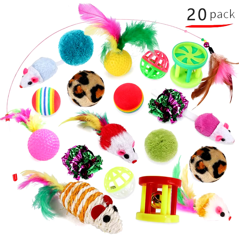Variety Pack of Kitten Toys - Combination Set of Engaging Cat Toys Including Sisal Mouse, Bell, and Ball