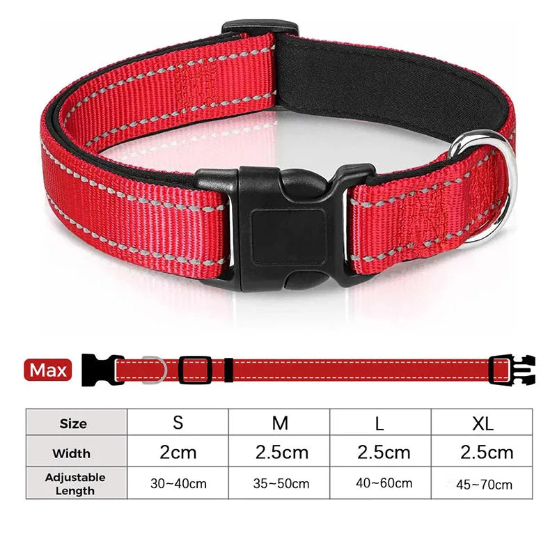 Reflective Neoprene Padded Dog Collar for Medium to Large Breeds - Adjustable and Durable Nylon Design