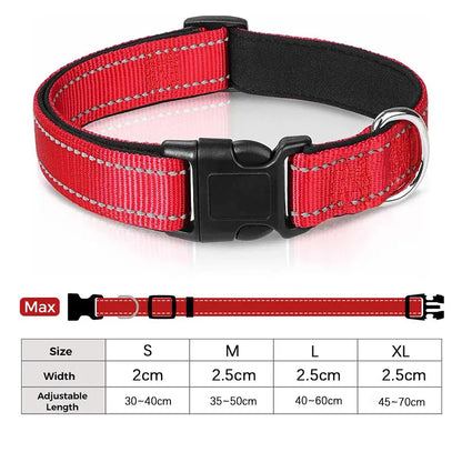 Reflective Neoprene Padded Dog Collar for Medium to Large Breeds - Adjustable and Durable Nylon Design