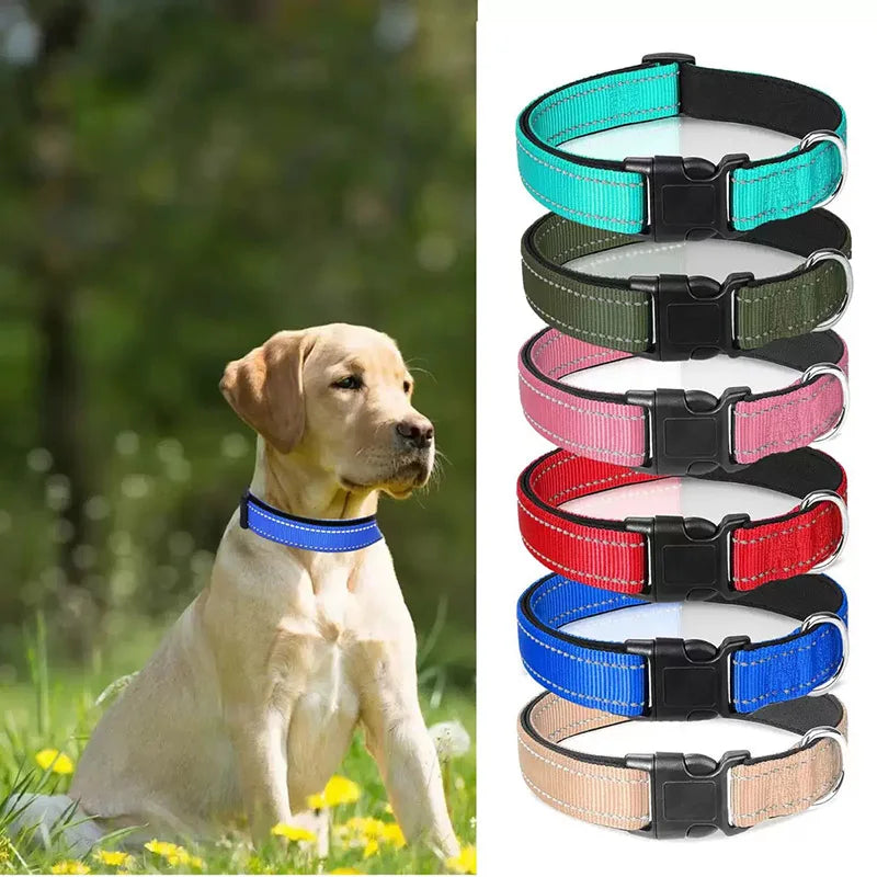 Reflective Neoprene Padded Dog Collar for Medium to Large Breeds - Adjustable and Durable Nylon Design
